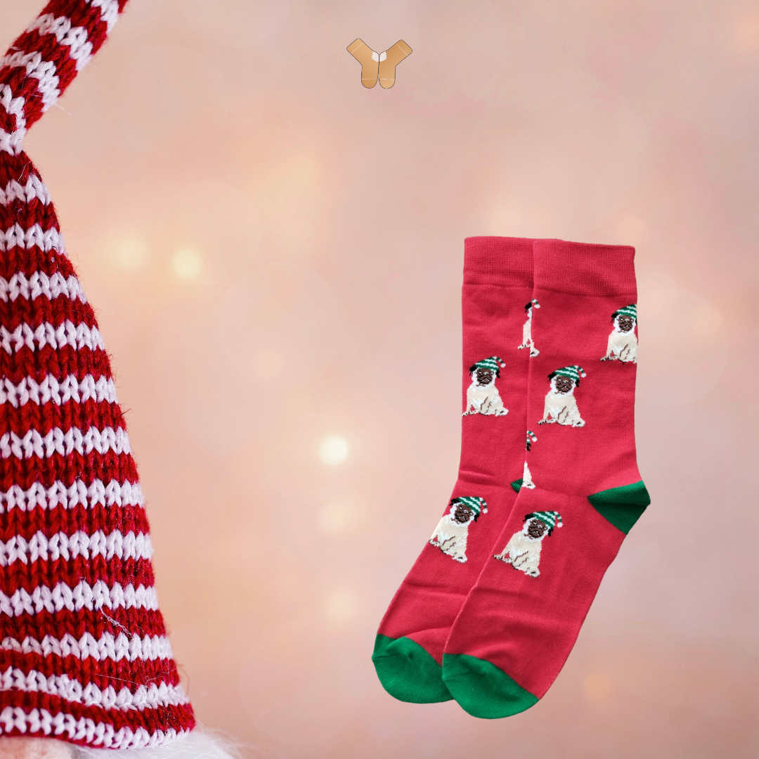 Chaussettes chien de Noël – Motif mignon avec chien et accessoires de Noël.