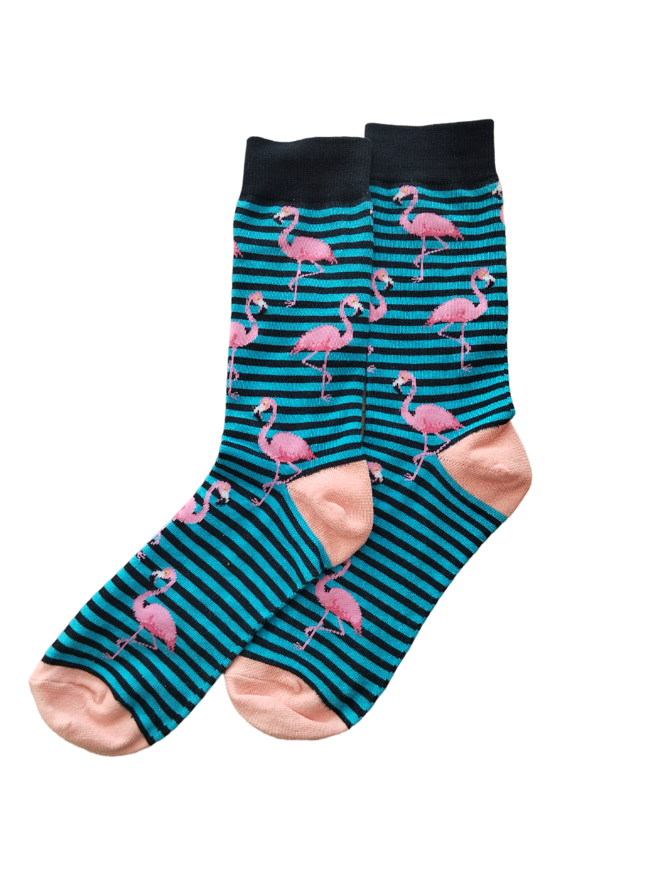 Chaussettes flamant rose rayé en coton doux – Parfaites pour un look estival et décontracté.