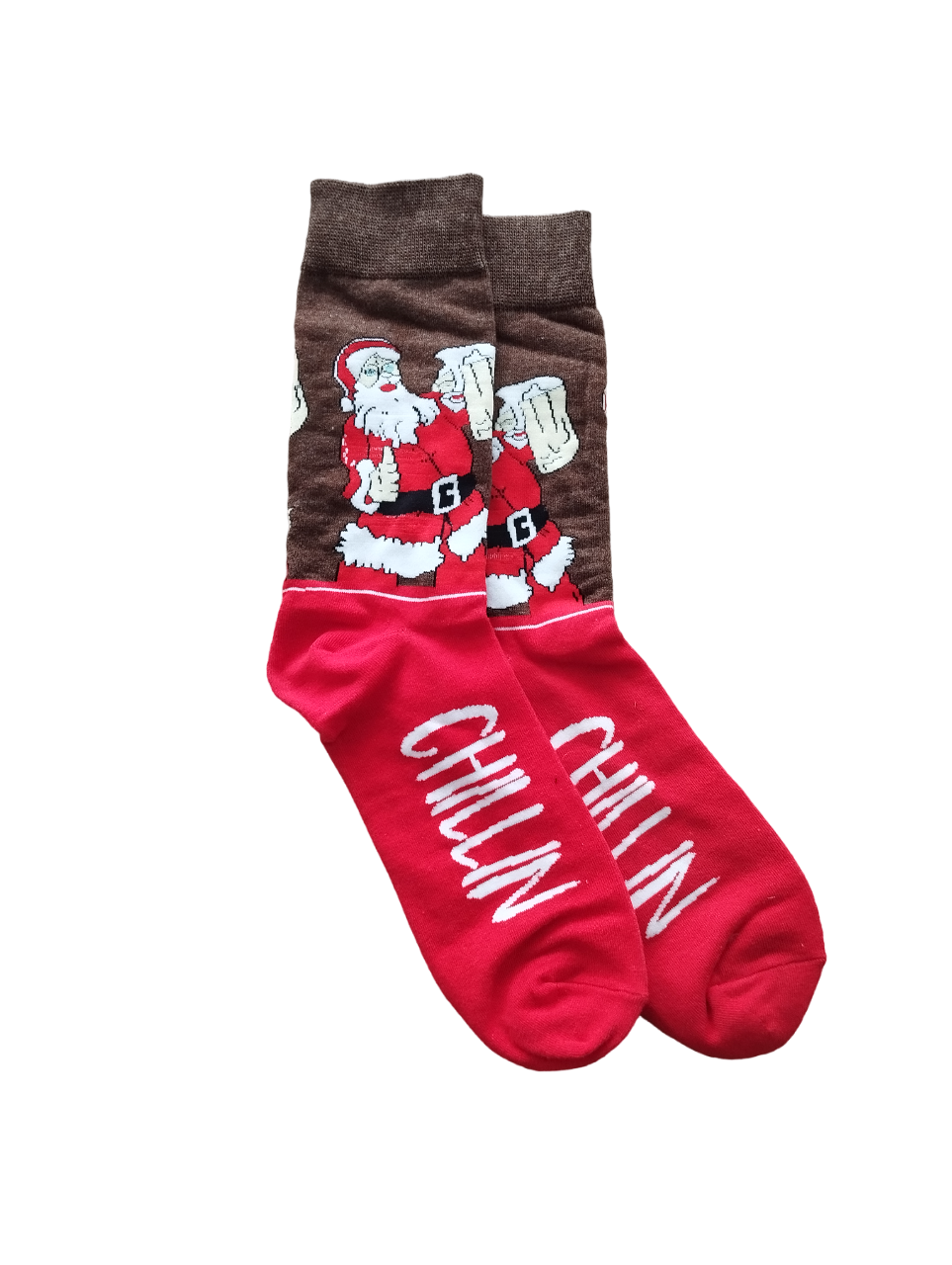 Chaussettes Santa's Beer – Design festif avec Père Noël et bière pour un look fun et joyeux.